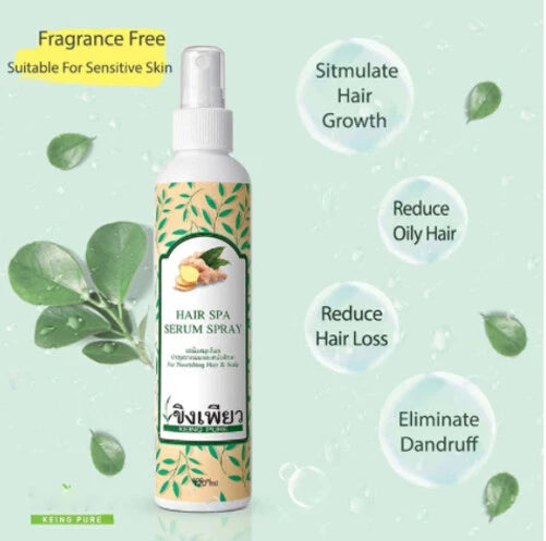 Keing Pure Hair Serum with herbal ingredients and refreshing scalp benefits infographic.