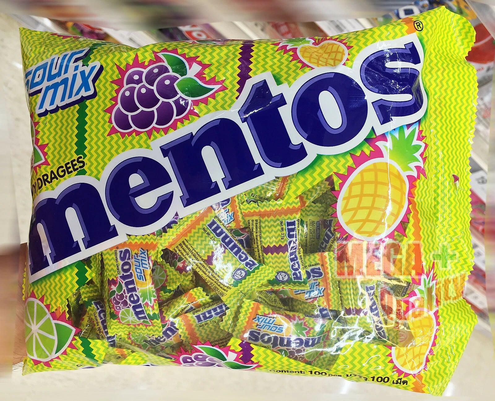 Mentos Sour Mix Chewy Dragees 270g package angled view showing bright colorful design