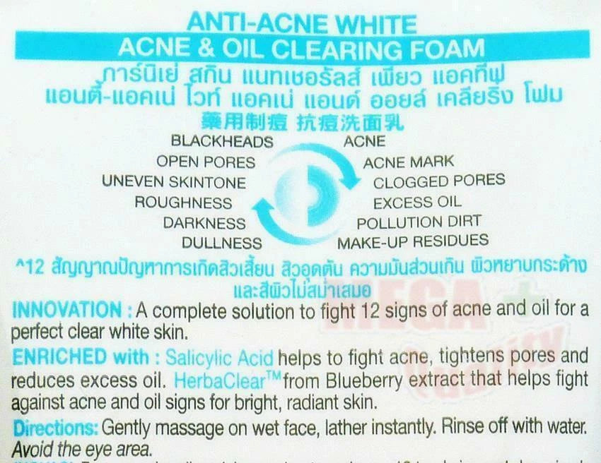Garnier Pure Active Oil Clearing Foam Face Wash ingredients list for acne and oil control benefits