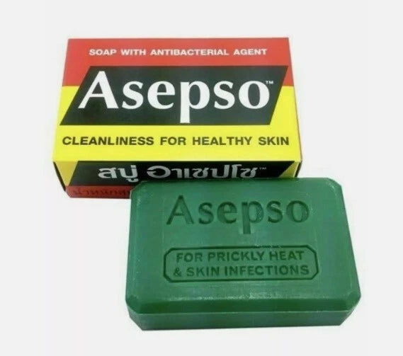 Asepo soap bar, green color, next to its box, with the text "FOR PRICKLY HEAT & SKIN INFECTIONS.