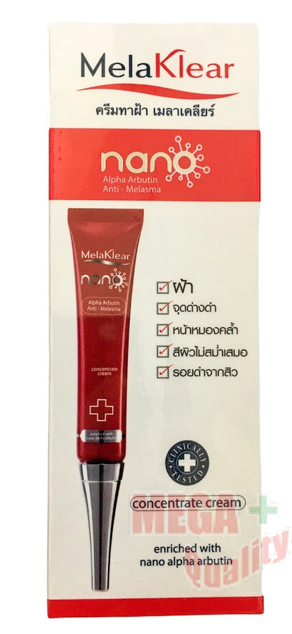 Melaklear Nano Alpha Arbutin Cream box and tube showing anti-melasma concentrate formula.