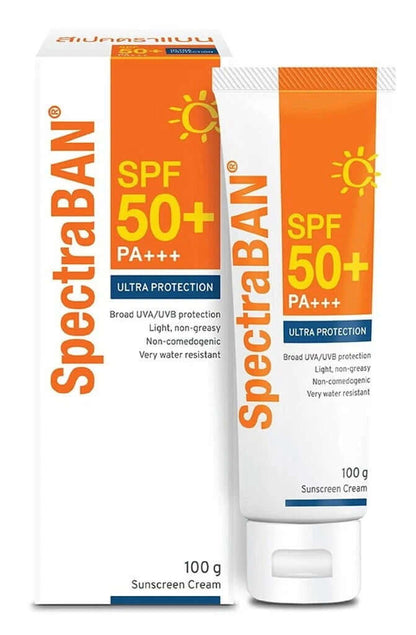 SpectraBAN SPF50 Sunscreen Cream packaging and tube, offering ultra protection against UVA and UVB rays. Lightweight and water-resistant.