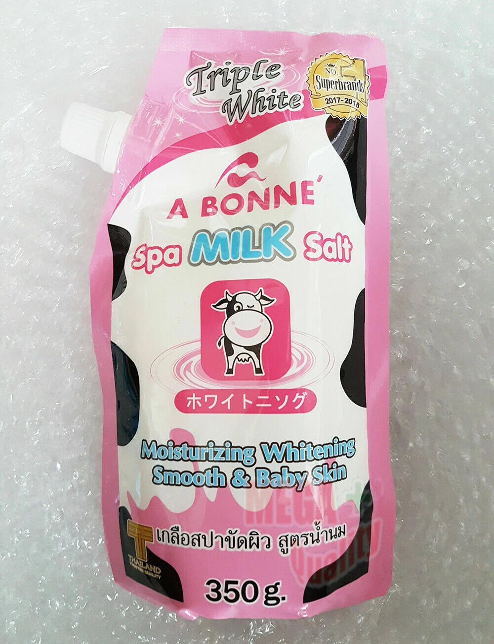 A Bonne Spa Milk Salt moisturizing body scrub packaging, designed for smooth and baby-soft skin, 350g.