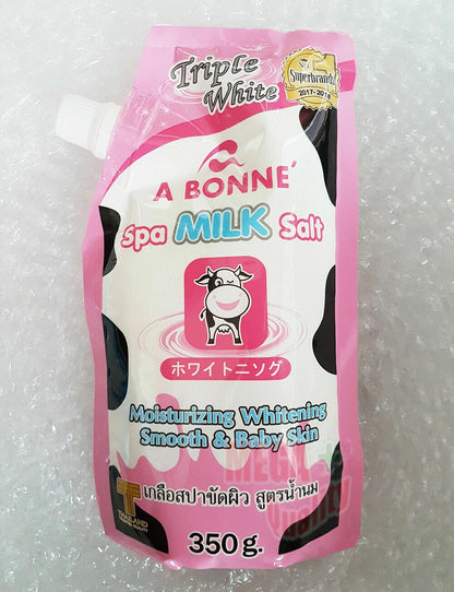 A Bonne Spa Milk Salt moisturizing body scrub packaging, designed for smooth and baby-soft skin, 350g.