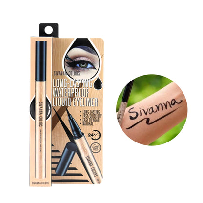 Sivanna Colors Eyeliner Long Lasting Liquid HF775 Waterproof 0.7 g packaging and swatch on skin.