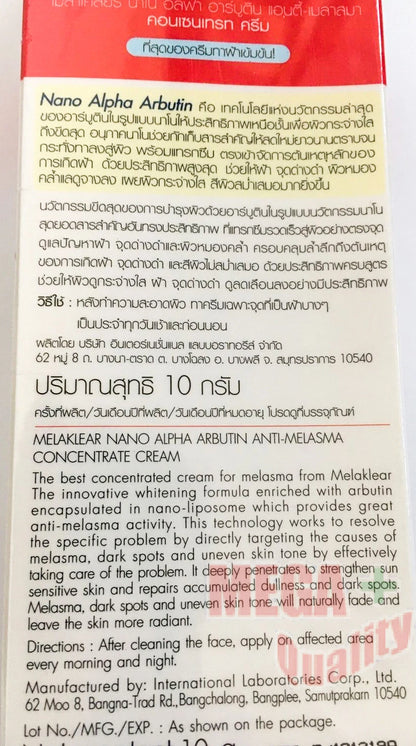 Melaklear Nano Alpha Arbutin Cream backside packaging with detailed ingredient list and manufacturer information.
