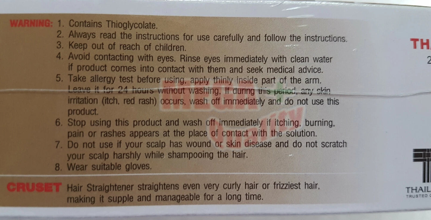 Cruset Hair Straightener Cream instruction label showing usage steps in Thai language