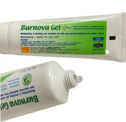 Back view and applicator nozzle of Burnova Gel Plus Aloe Vera tube
