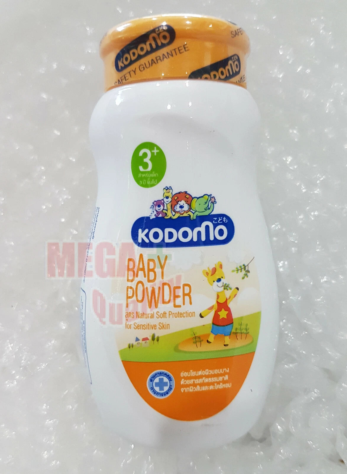 High-angle front view of the Kodomo Baby Powder 3+ Natural Soft Protection bottle.