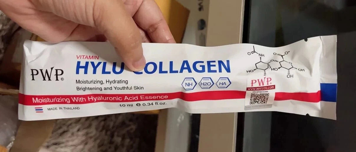 PWP Hylu Collagen Serum applied to skin showing texture and real user hand holding product