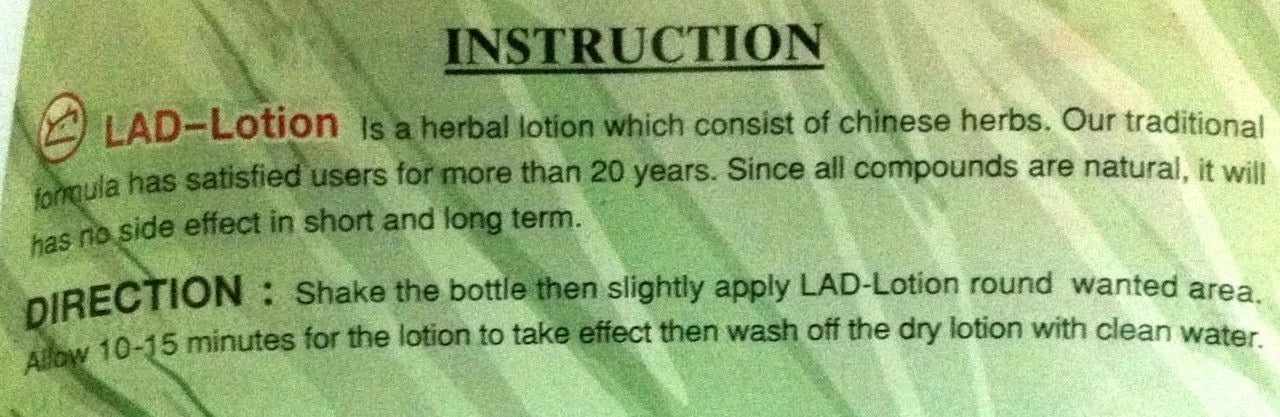 LAD-Lotion instruction label showing product usage and ingredients on a green background, highlighting Chinese herbal formula and application directions