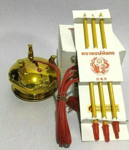 Thai Electric Incense Burner golden altar pot with electric incense light set
