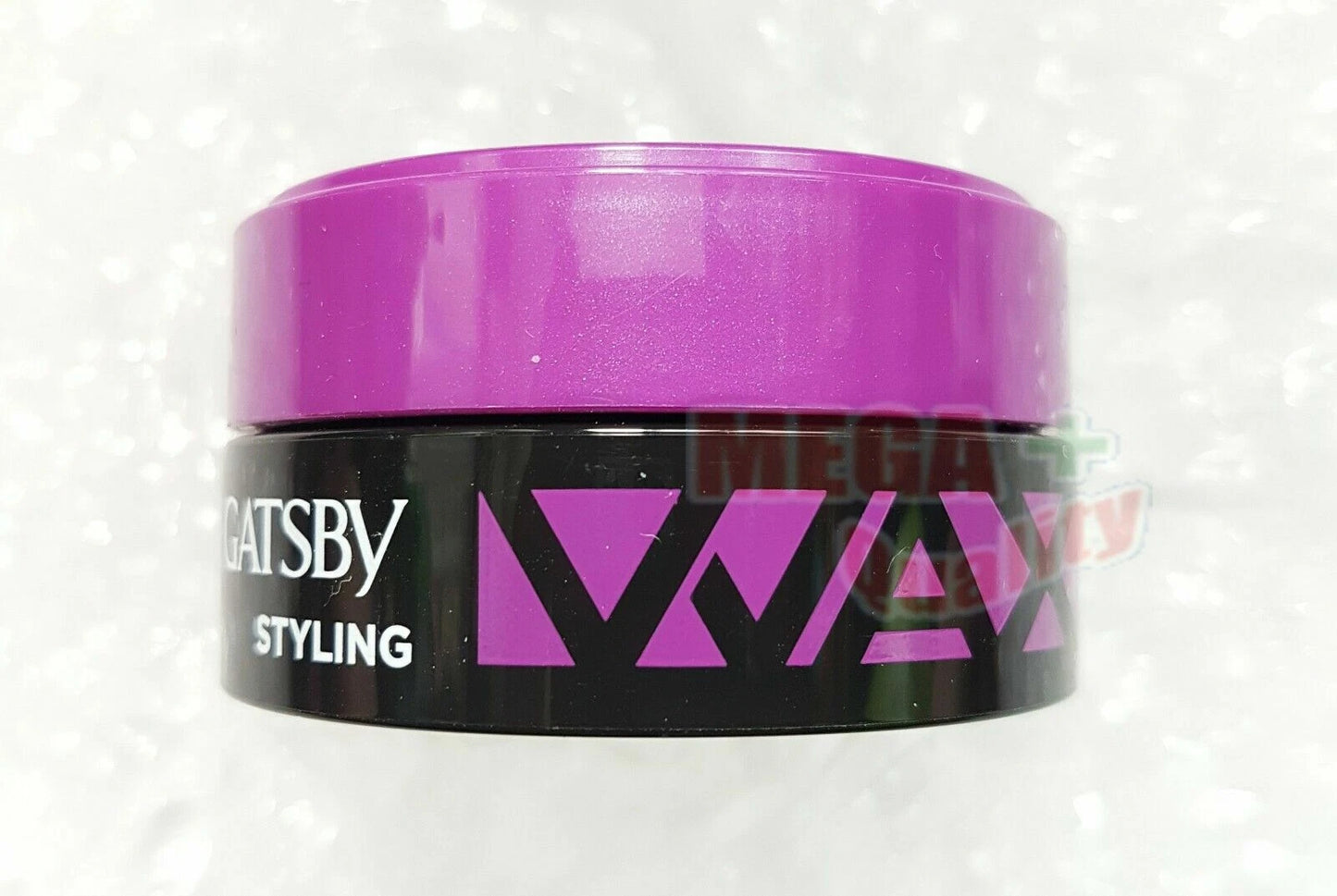 Side view of GATSBY WAX ULTIMATE SHAGGY styling wax jar showing product label and packaging design