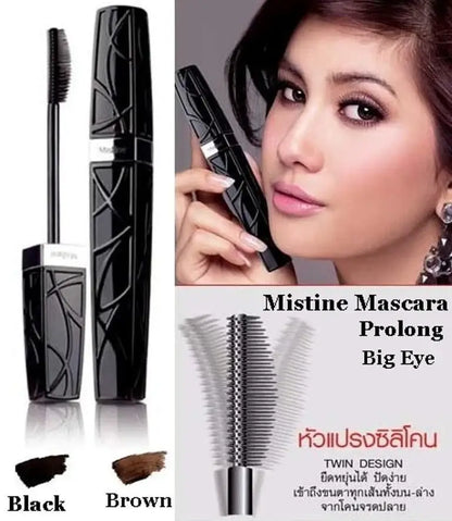 Promotional banner for Mistine Pro Long Big Eye Mascara featuring a model and brush demonstration