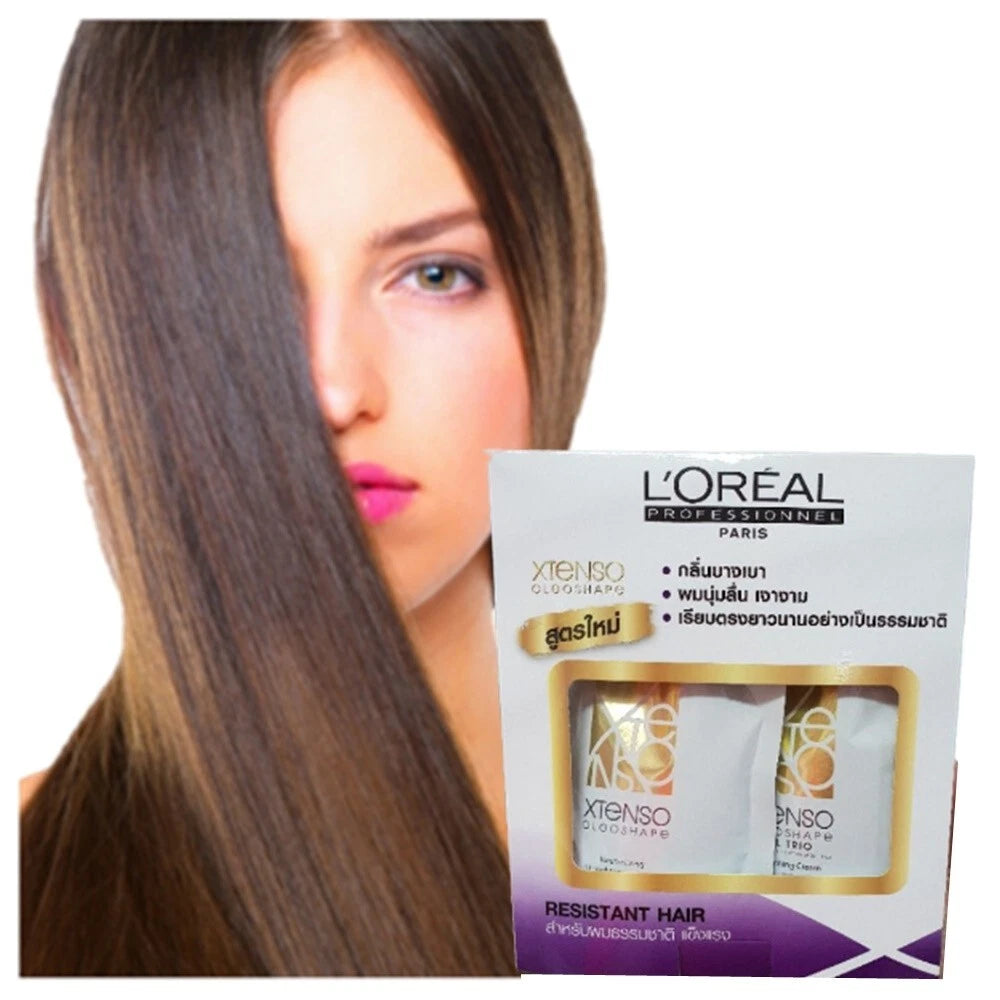 Loreal Xtenso Resistant Kit shiny straight hair transformation model with kit