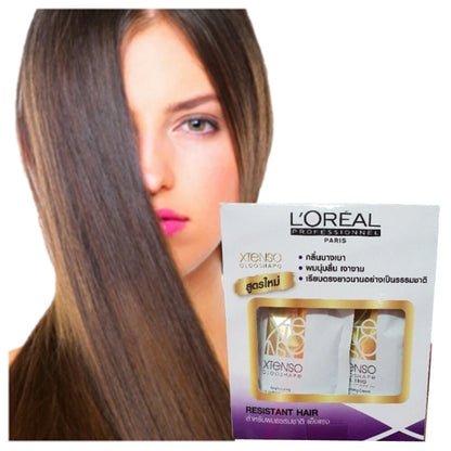 Loreal Xtenso Resistant Kit shiny straight hair transformation model with kit