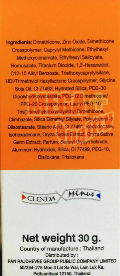 Minus Sun SPF40 ingredients list and net weight 30g shown on the side of the packaging.