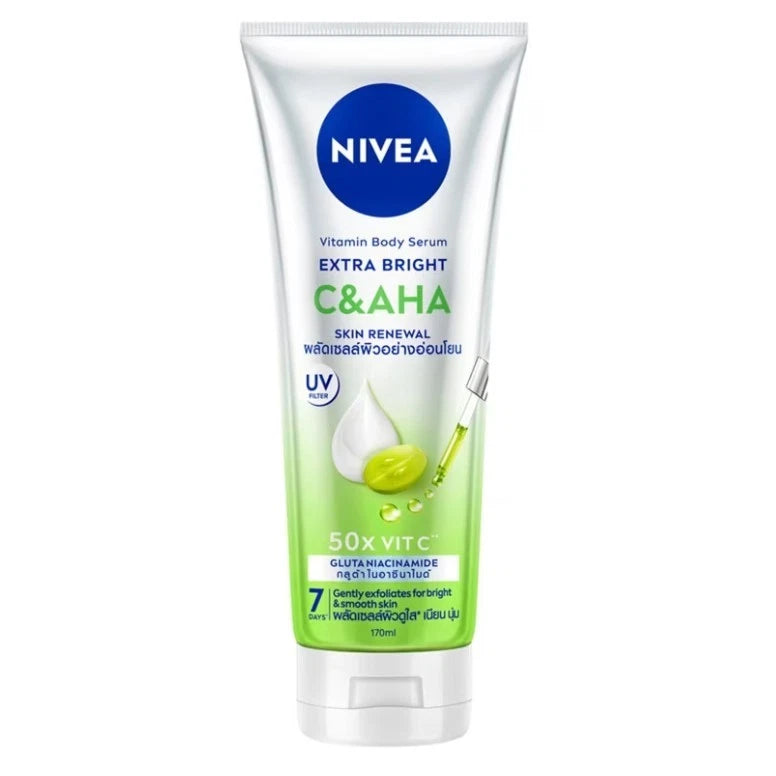 Nivea C AHA Body Serum Extra Bright Skin Renewal Gluta Niacinamide in a tube for smooth and hydrated skin.