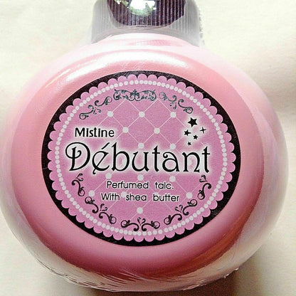 Mistine Debutant Perfumed Talc with Shea Butter in pink packaging for silky smooth skin