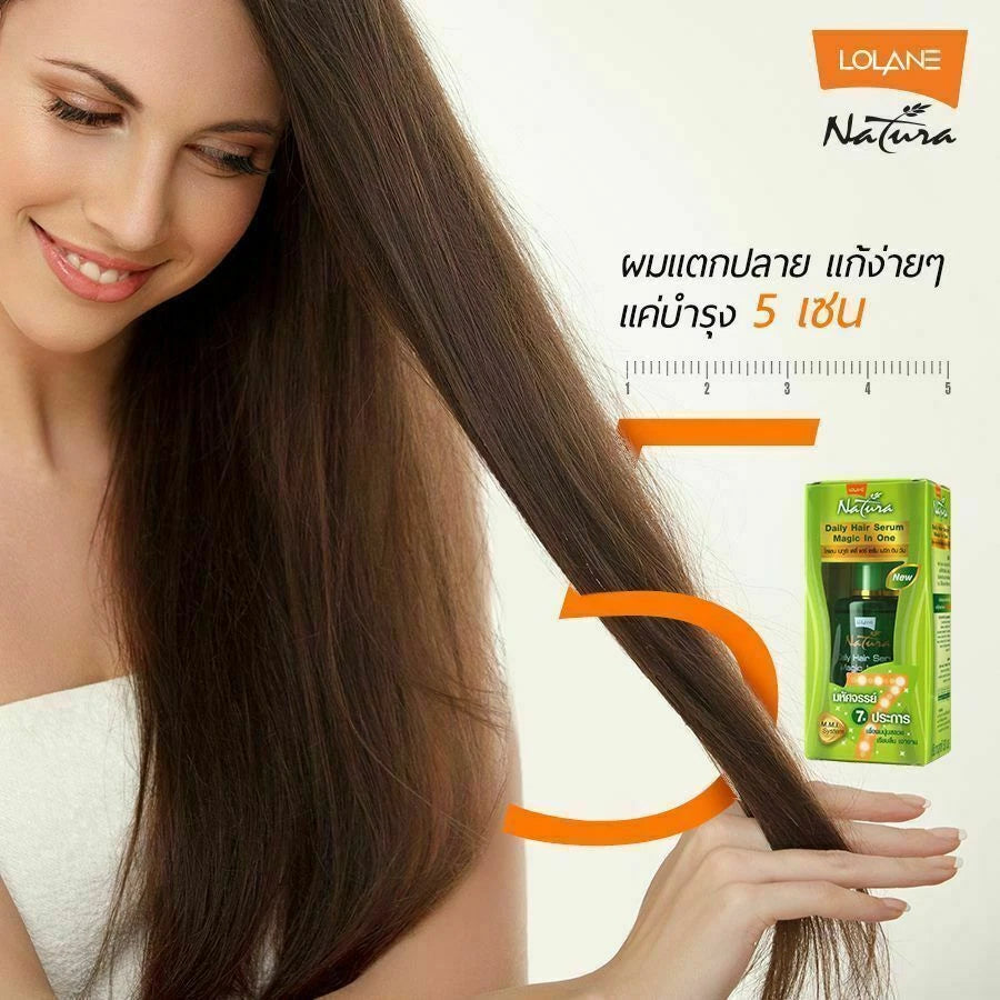 Model applying LOLANE Natura Hair Serum Magic in One to smooth long hair