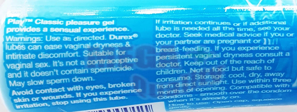 Detailed side view of Durex Play Lubricant 50ml bottle showing usage instructions and labeling