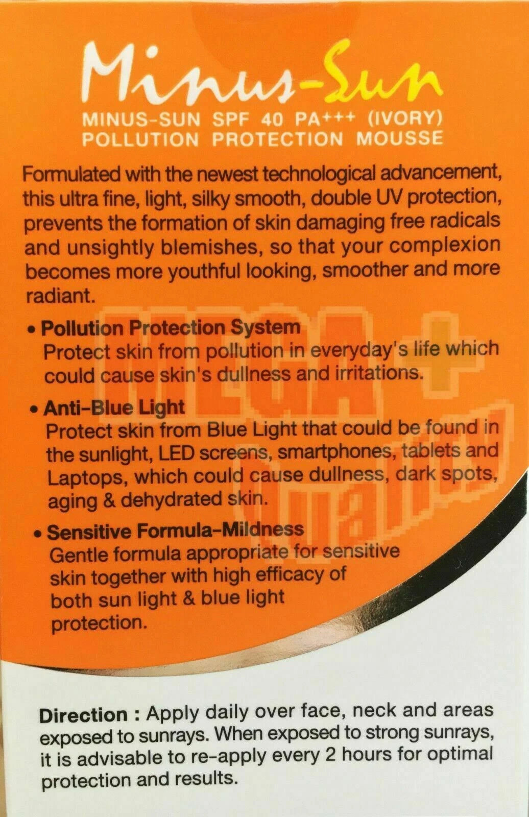 Minus Sun SPF40 close-up of product description, pollution protection system, and anti-blue light features.