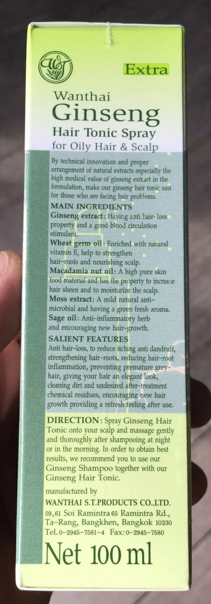 Wanthai Ginseng Hair Tonic Spray Extra 100ml back label with ingredients and directions