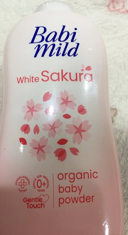 Babi Mild White Sakura Baby Powder 350g angled bottle view