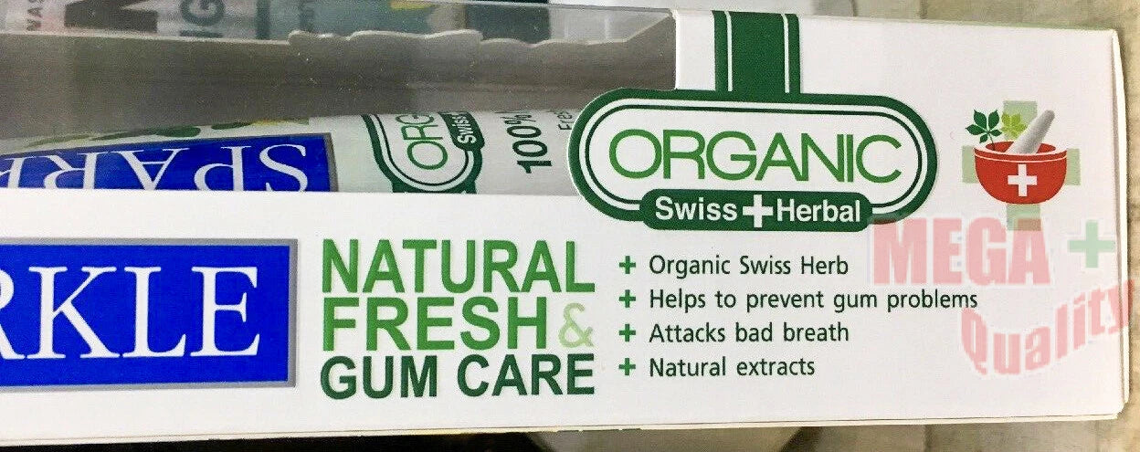 Sparkle Organic Herbal Toothpaste packaging showcasing natural fresh gum care and organic Swiss ingredients