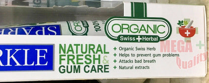 Sparkle Organic Herbal Toothpaste packaging showcasing natural fresh gum care and organic Swiss ingredients