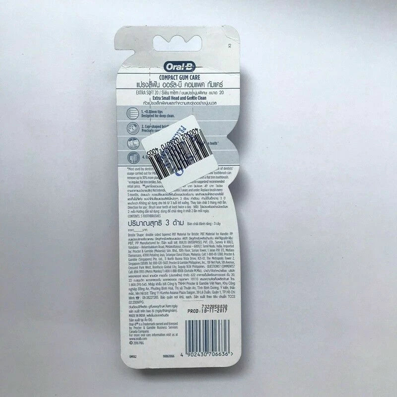 Back packaging of Oral B Compact Gum Care toothbrush pack with EAN barcode 4902430706636