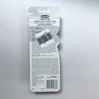 Back packaging of Oral B Compact Gum Care toothbrush pack with EAN barcode 4902430706636
