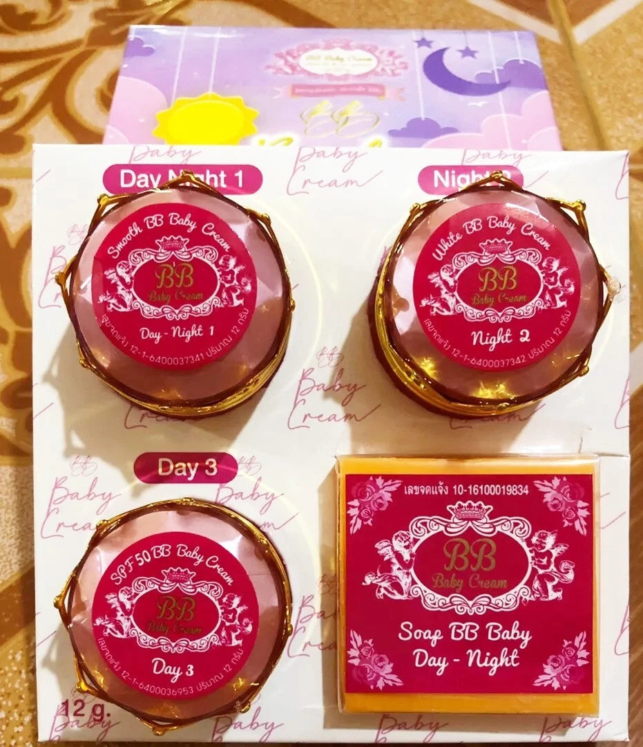 BB Baby Cream Set close up cream jars and soap packaging pink design