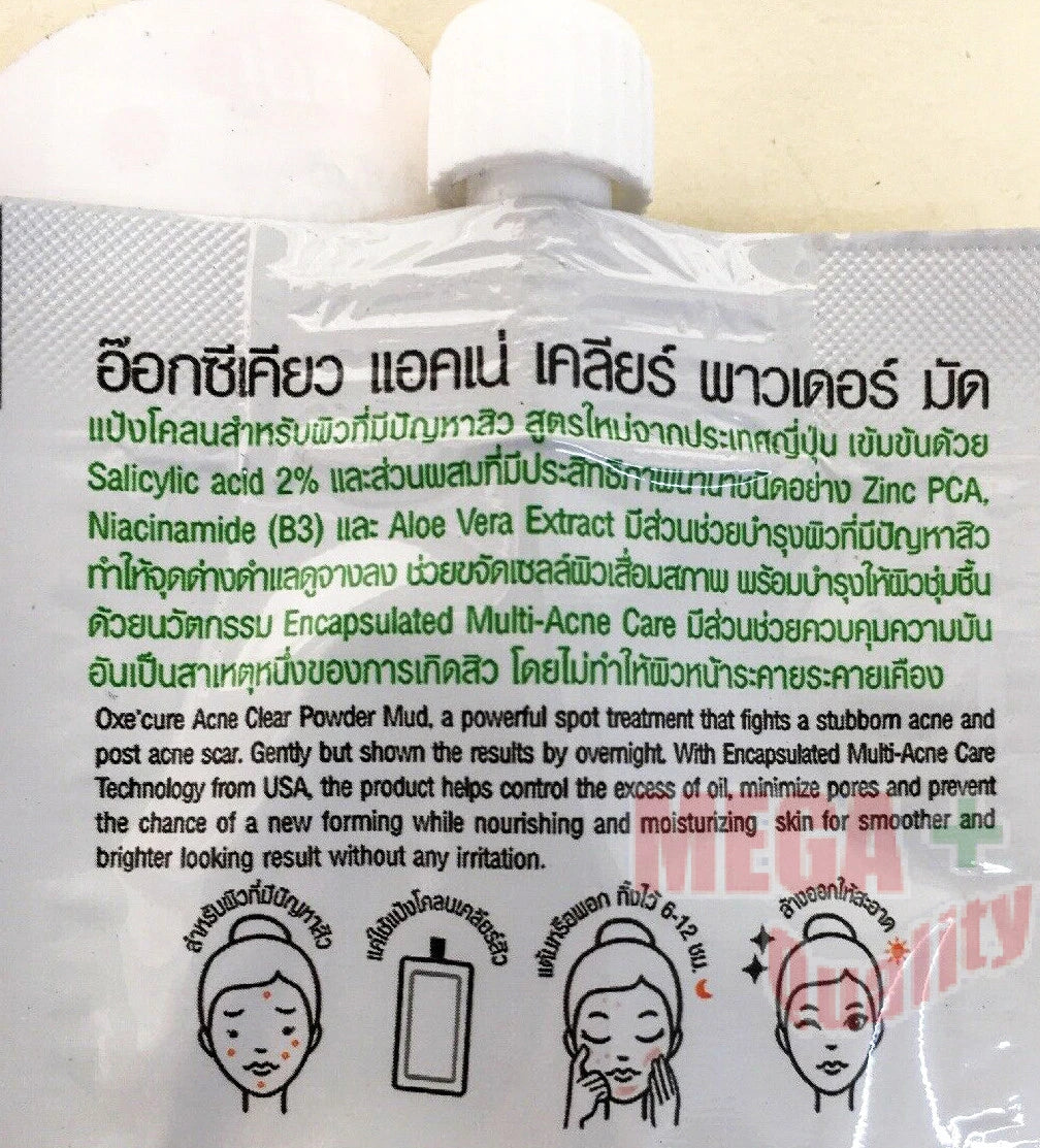 Oxe Cure Acne Clear Powder Mud back sachet showing ingredients directions and icons