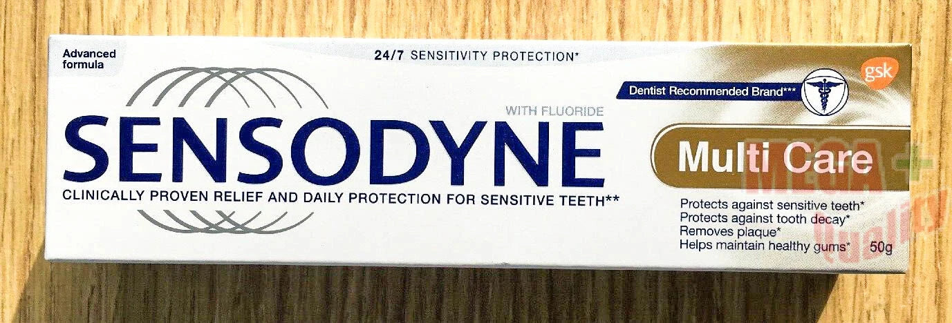 Sensodyne Multi Care Toothpaste 50g front packaging with fluoride for sensitive teeth and gum protection