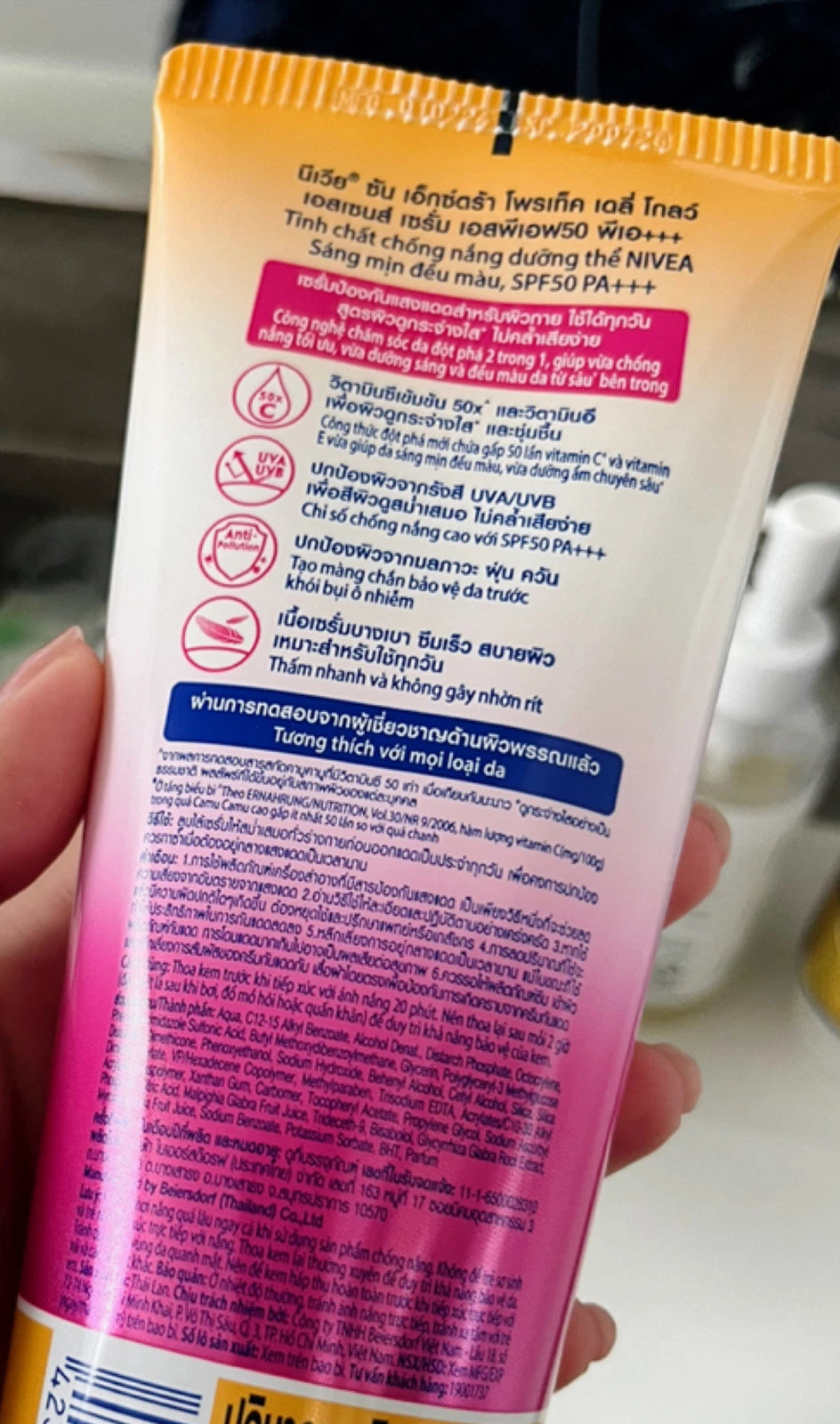 Nivea Sun Daily Glow Essence Serum Extra Protect SPF50 PA+++ product information and instructions on packaging