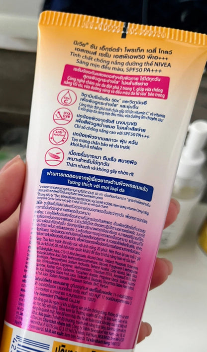 Nivea Sun Daily Glow Essence Serum Extra Protect SPF50 PA+++ product information and instructions on packaging