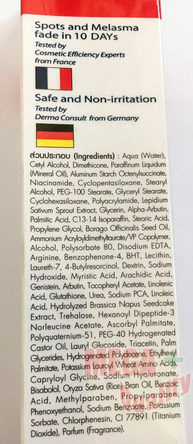 Melaklear Nano Alpha Arbutin Cream product label showing ingredients and usage instructions.