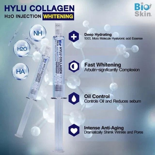 PWP Hylu Collagen Serum skincare benefits display including collagen hydration brightening vitamin complex and anti aging claims