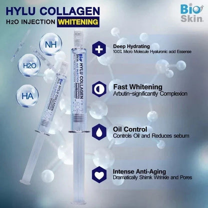 PWP Hylu Collagen Serum skincare benefits display including collagen hydration brightening vitamin complex and anti aging claims