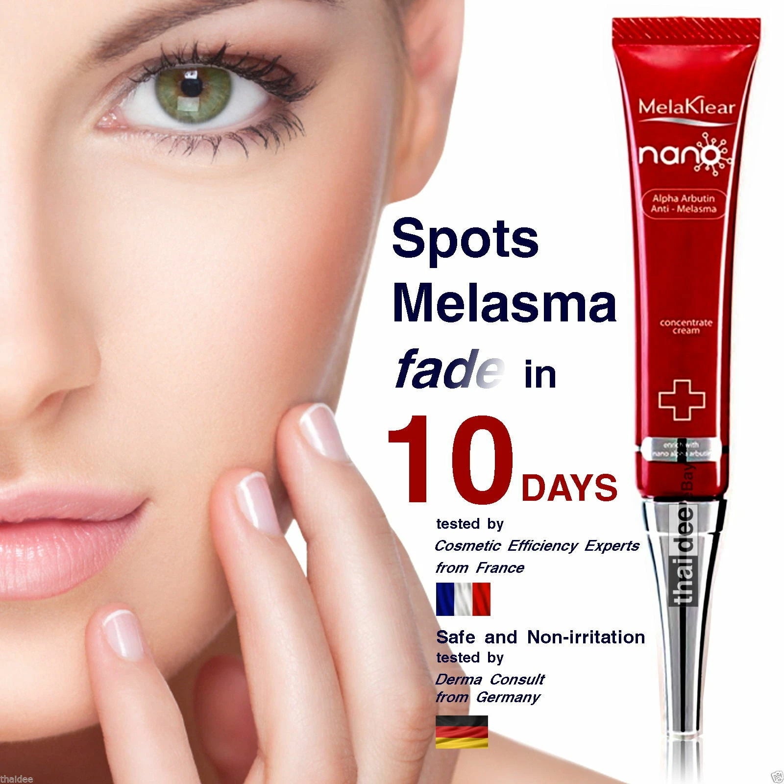 Melaklear Nano Alpha Arbutin Cream product ad highlighting 10g concentrated brightening formula.