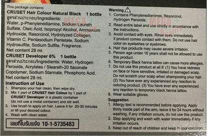 Cruset Natural Black Hair Dye instructions and ingredient information on package back