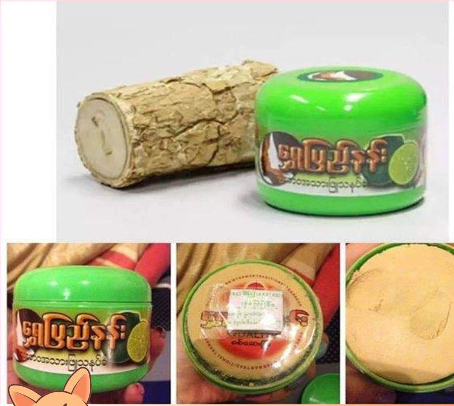 Thanaka Powder green jar shown with solid Thanaka bark pieces and product arrangement