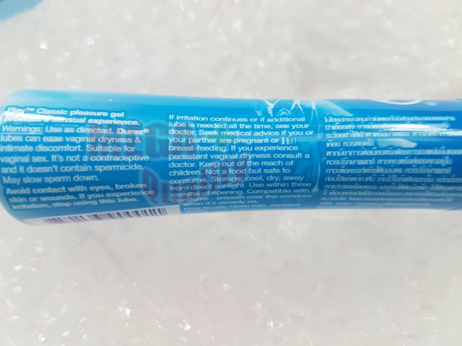 Close-up of the ingredient list and product information on Durex Play Lubricant 50ml