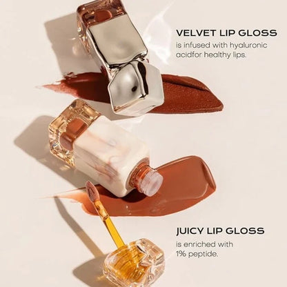 Mistine Velvet Lip Cream product display with shade swatches and textured latte aesthetic background.