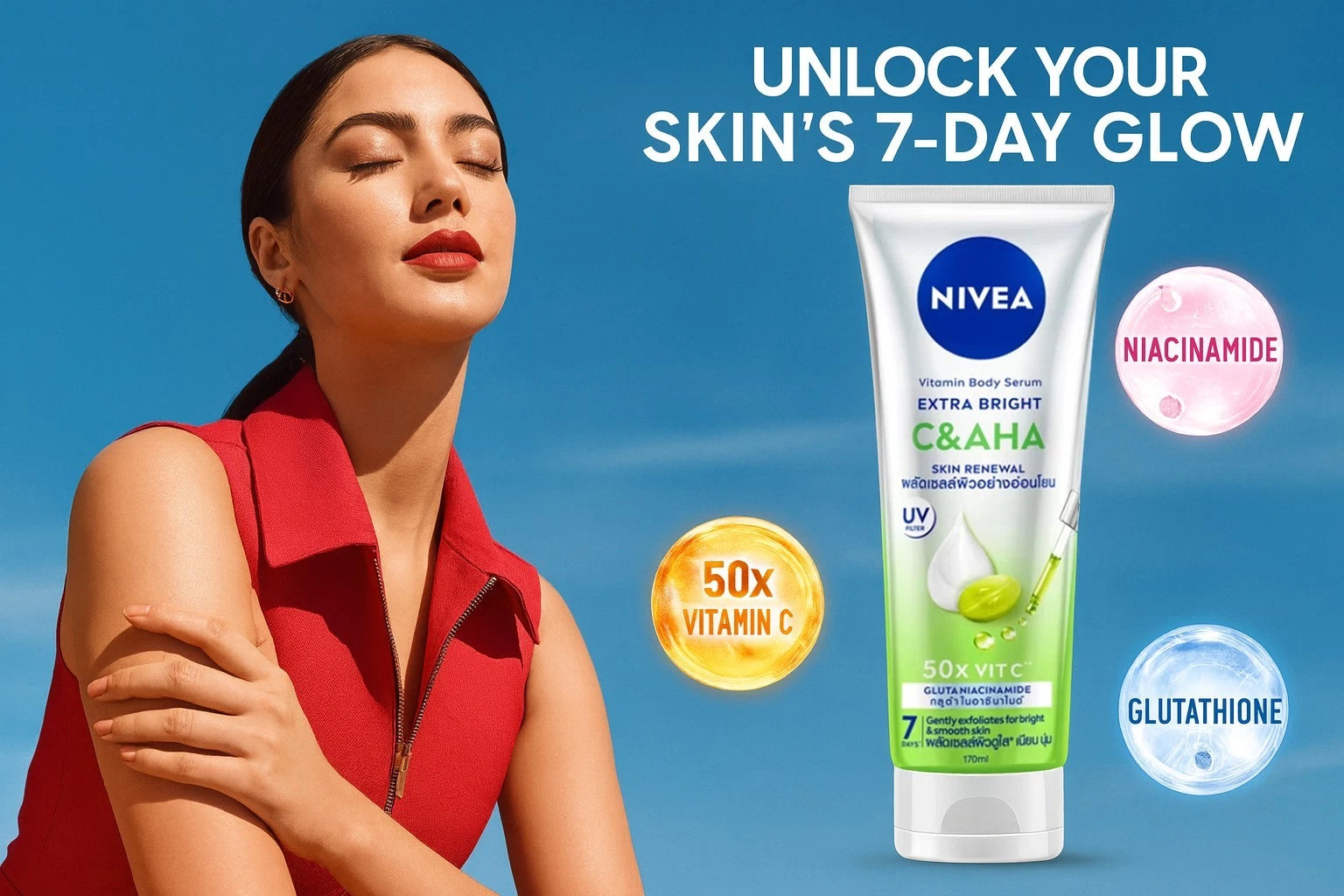 Nivea C AHA Body Serum Extra Bright Skin Renewal Product Information Display