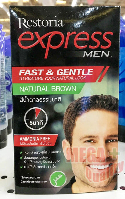 Front view of Restoria Express Men Hair Color Natural Brown box showing branding and model image