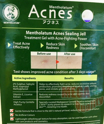 Detailed label of Mentholatum Acnes Sealing Jell highlighting acne treatment claims and usage instructions