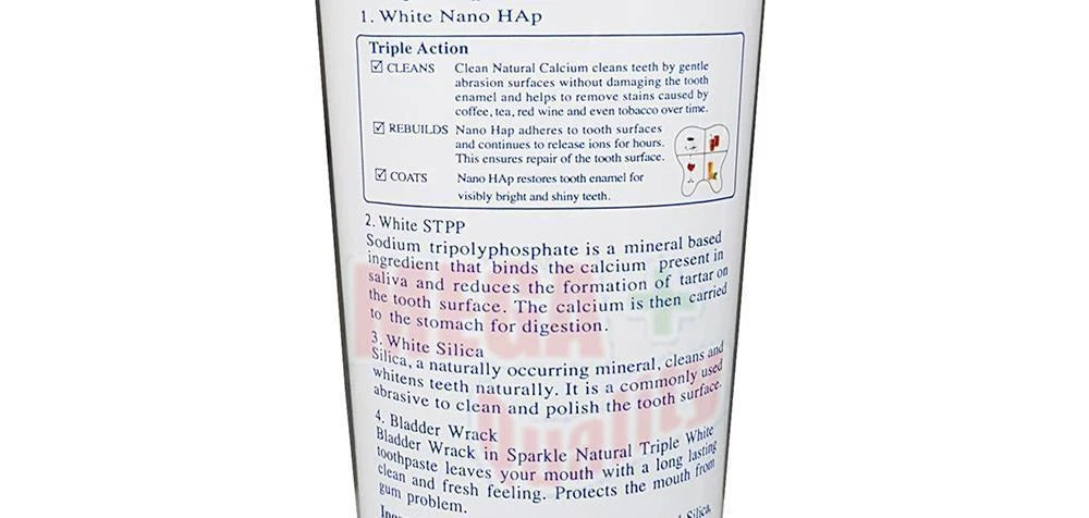 Sparkle Triple White toothpaste packaging back ingredients and information 100g