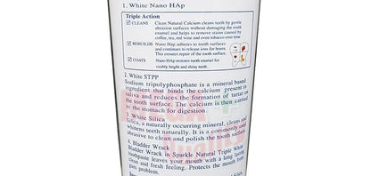 Sparkle Triple White toothpaste packaging back ingredients and information 100g